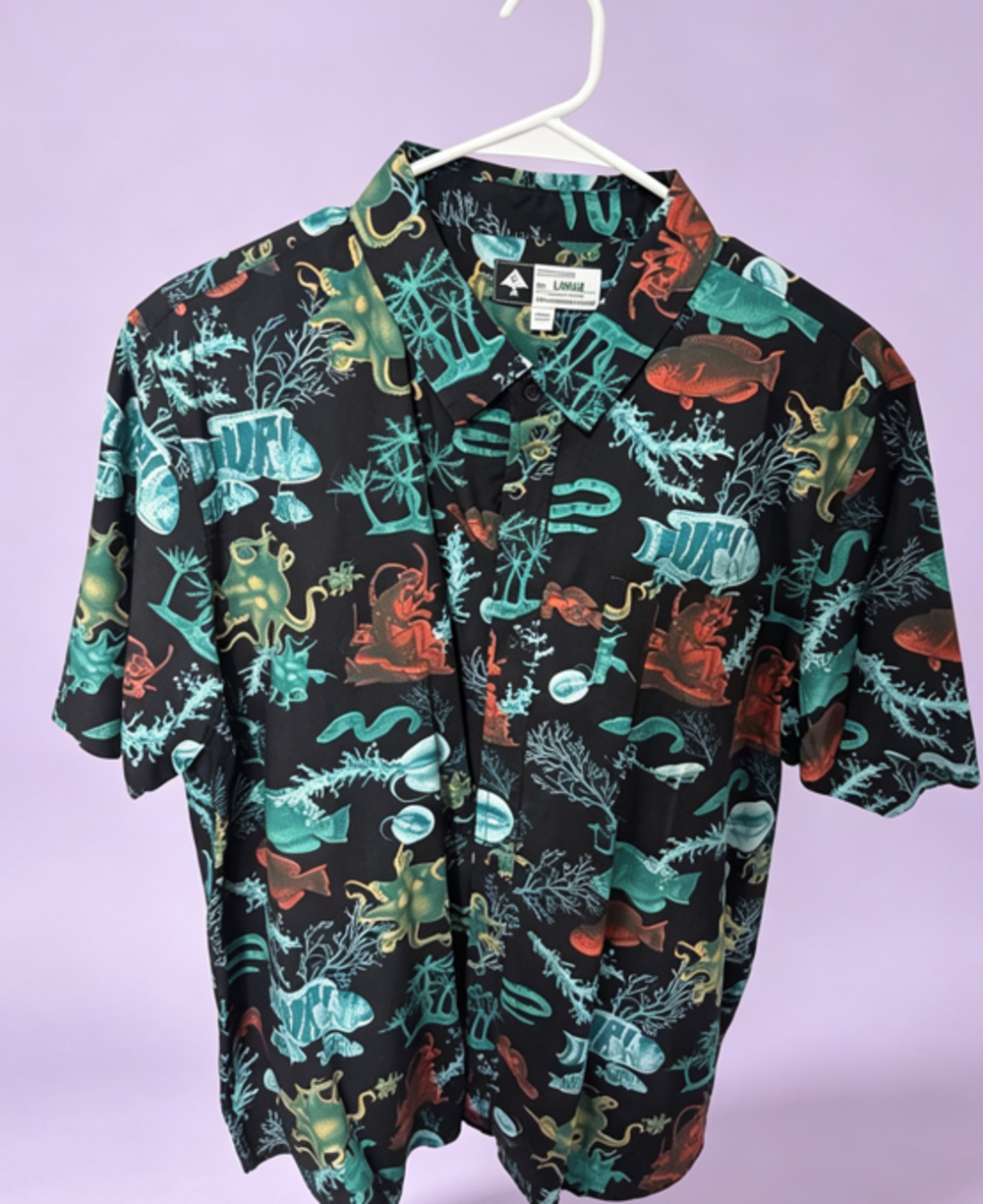 Lrg Black Short-Sleeve Button-Up Shirt with Teal & Rust Ocean Print